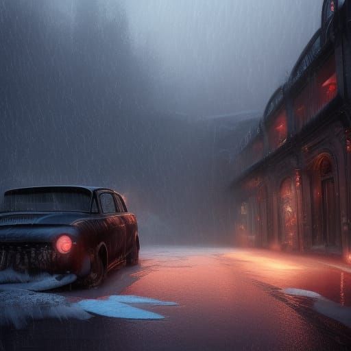 Old Cars in Frozen Rain: Matte Painting