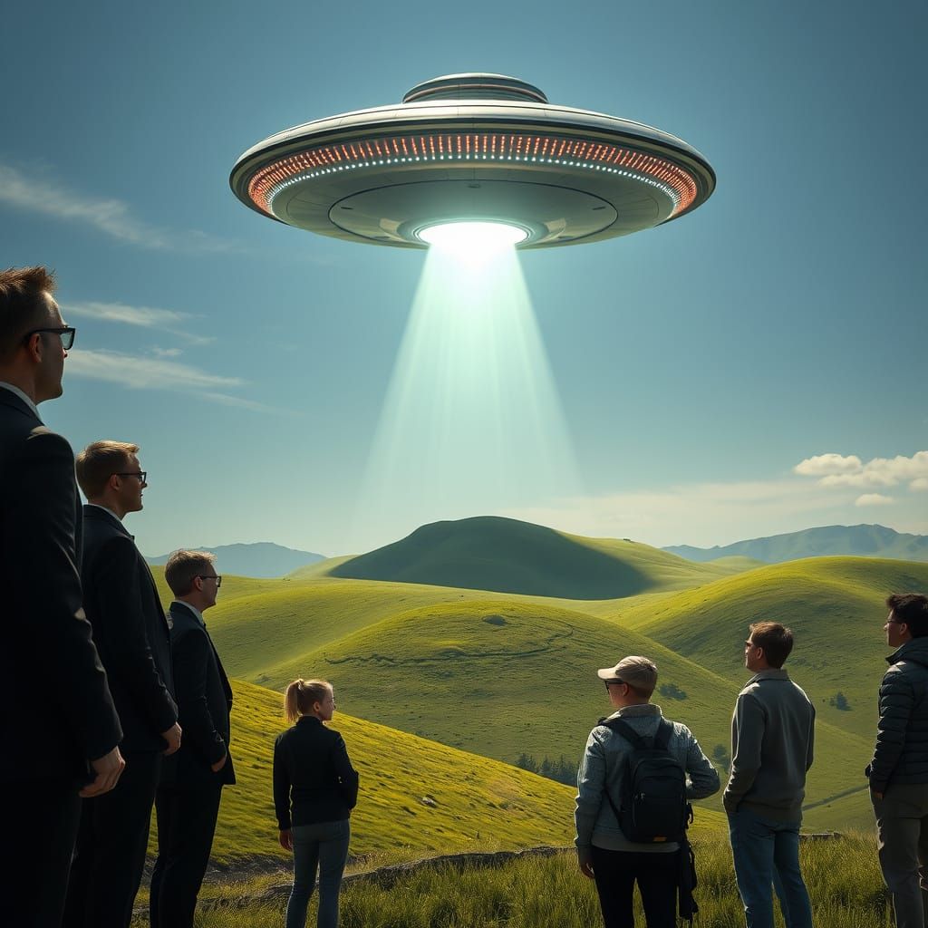 Men in Black Stand at Attention as Metallic UFO Descends in ...