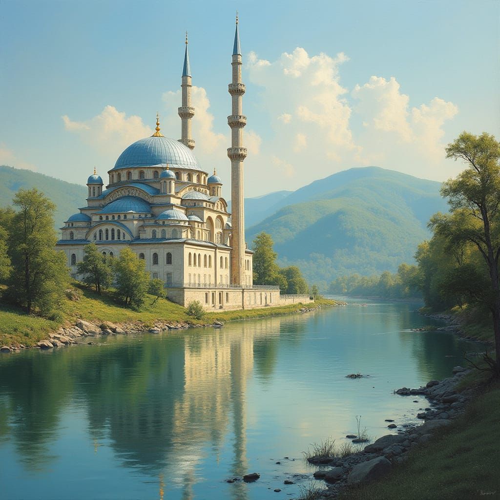 Scenic Mosque Reflecting in River, Ottoman Architecture