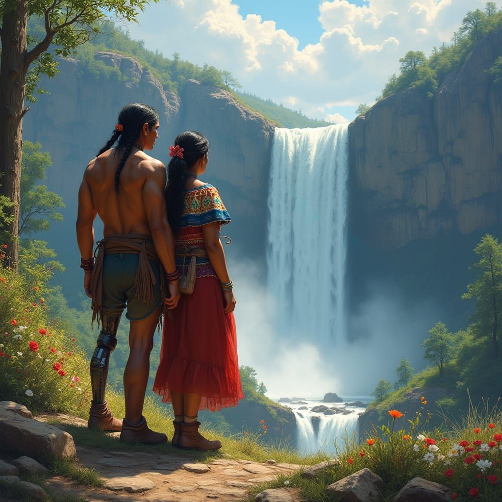 Stoic Native American Gaze at Majestic Waterfall with Wife