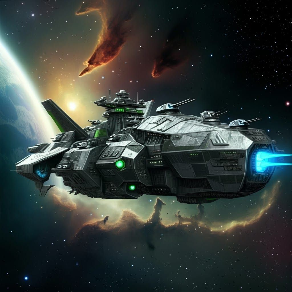 Silver Space Warship Firing Laser in Nebula