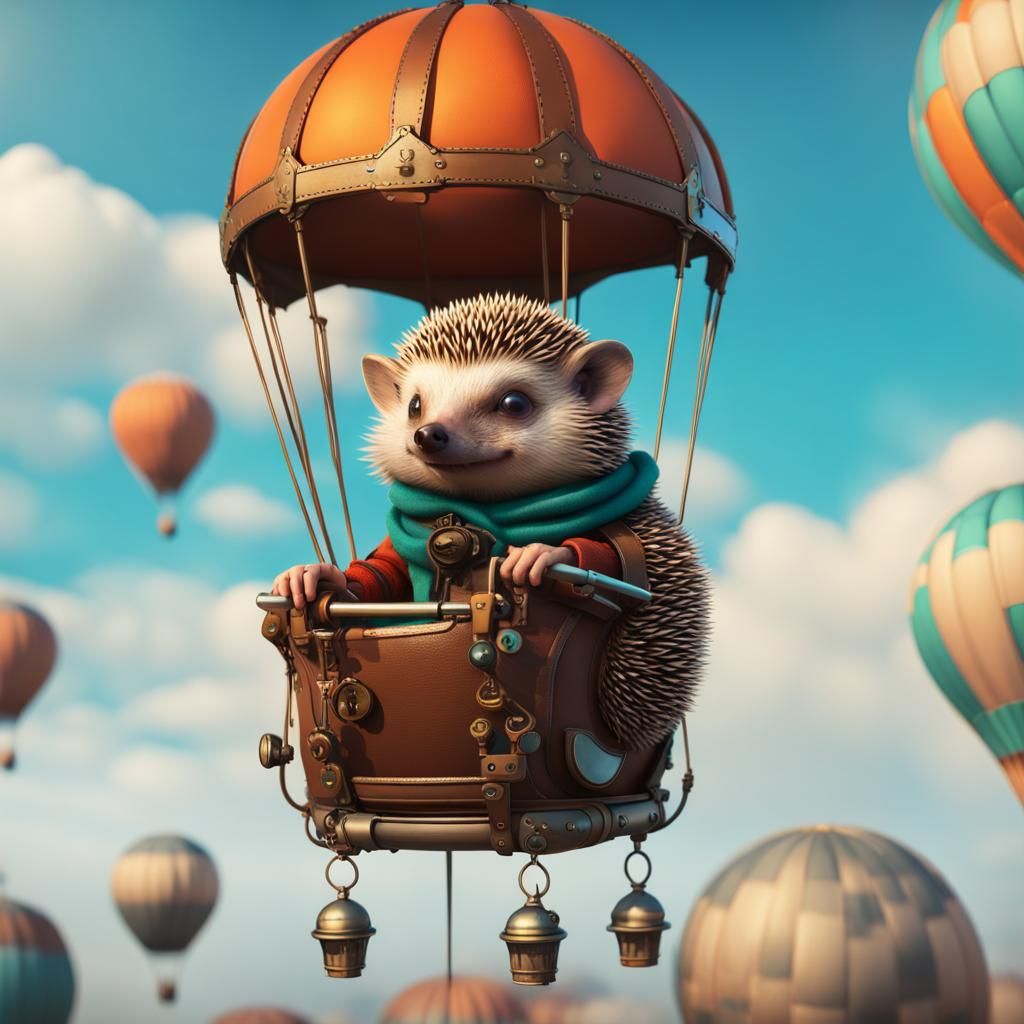 little hedgehog in a hot air balloon