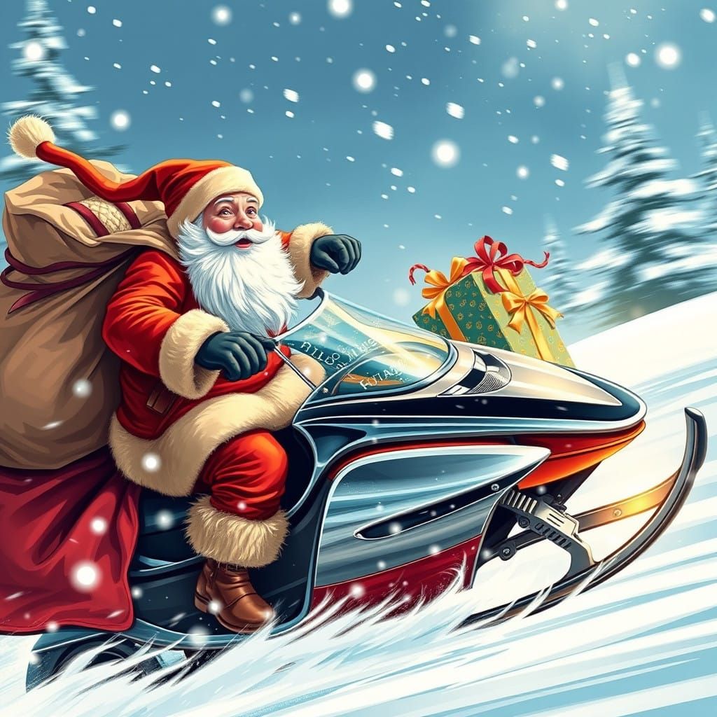 Jolly Santa Claus Zooms Through Winter Wonderland on Chrome....