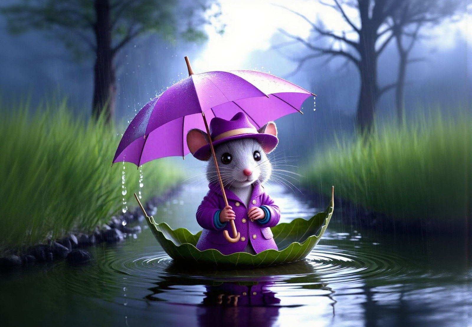 Mouse Sailing on Leaf Boat in Rainstorm