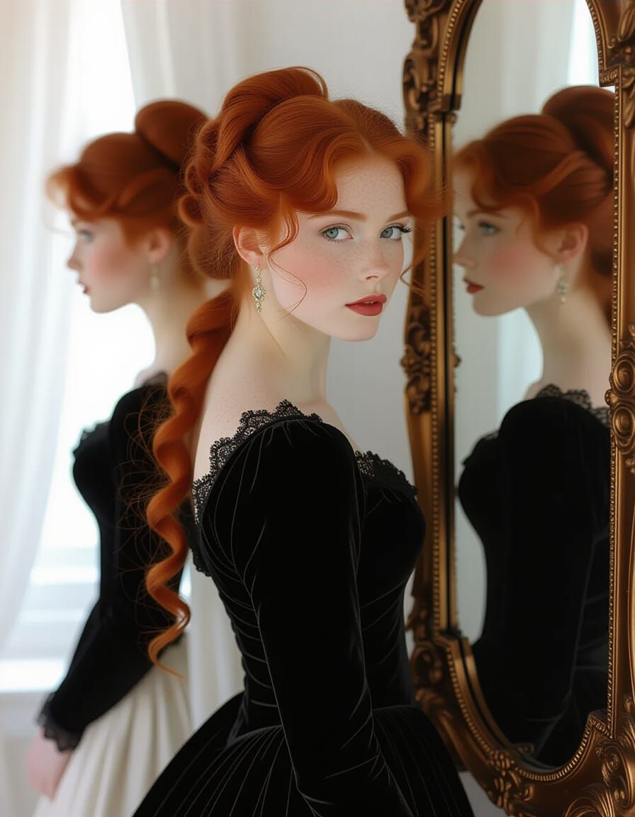 Victorian Woman's Ethereal Reflection in Mirror Portrait