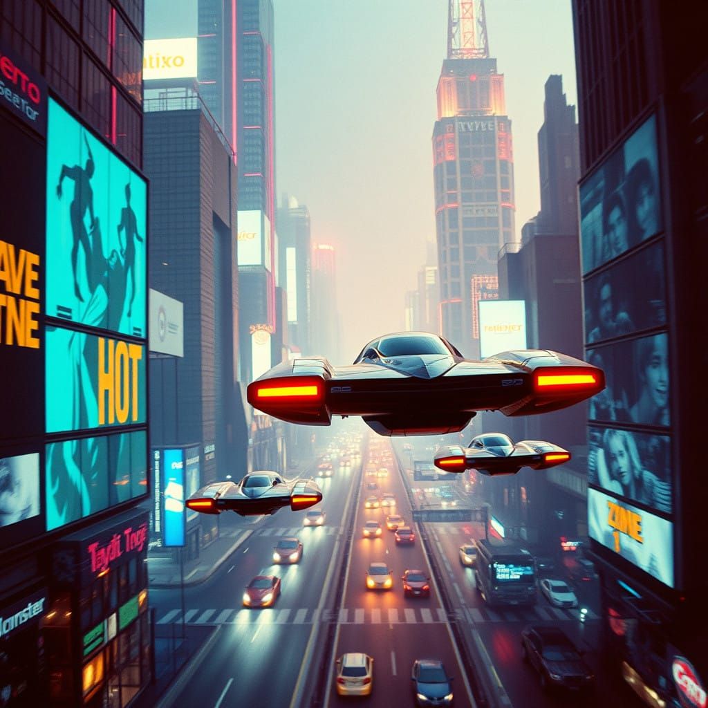 Flying Cars Soar through Futuristic Cityscape