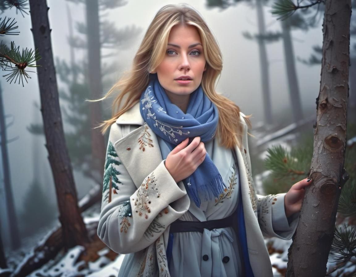 Woman with Lantern in Snowy, Misty Landscape