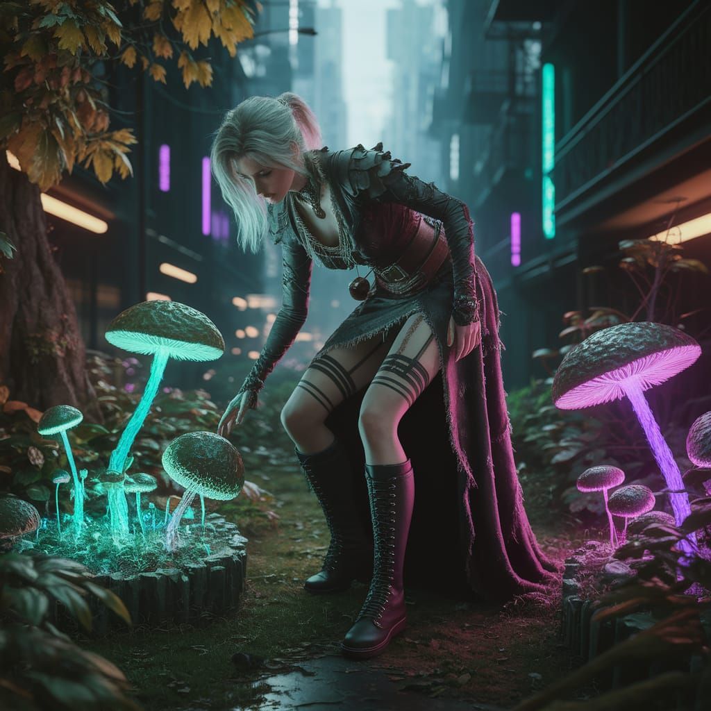 Cyberpunk Druid in Bioluminescent Garden