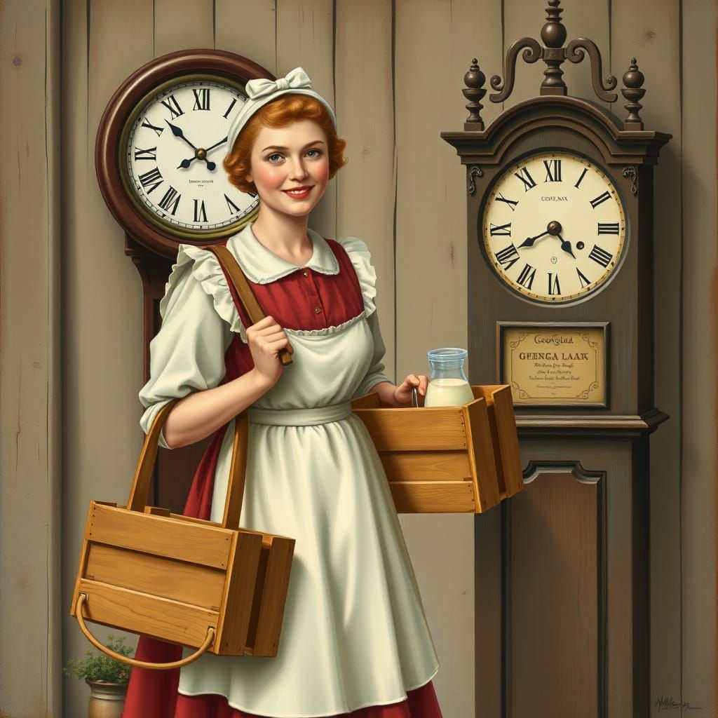 Milk Lady with Clock in Vintage Art Style