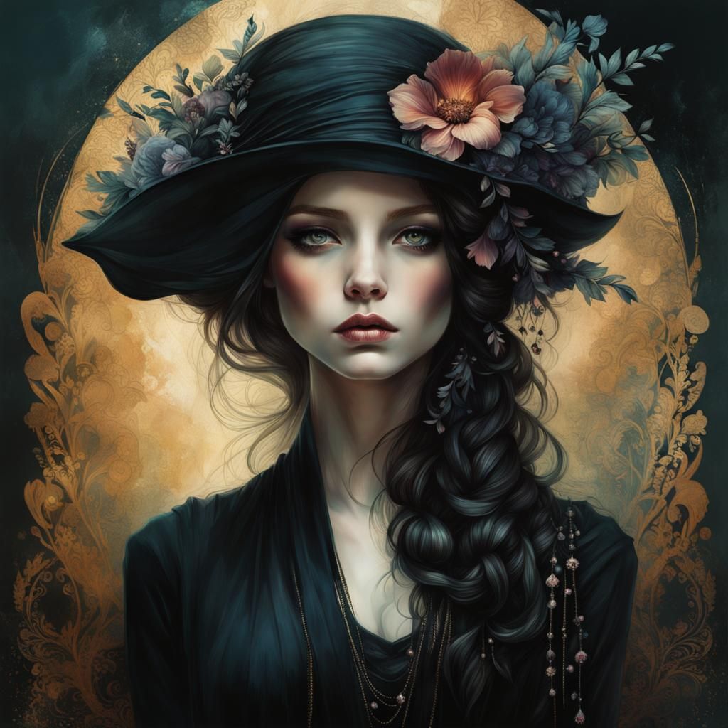 Moody Girl in Black: Hyper-Detailed Digital Painting