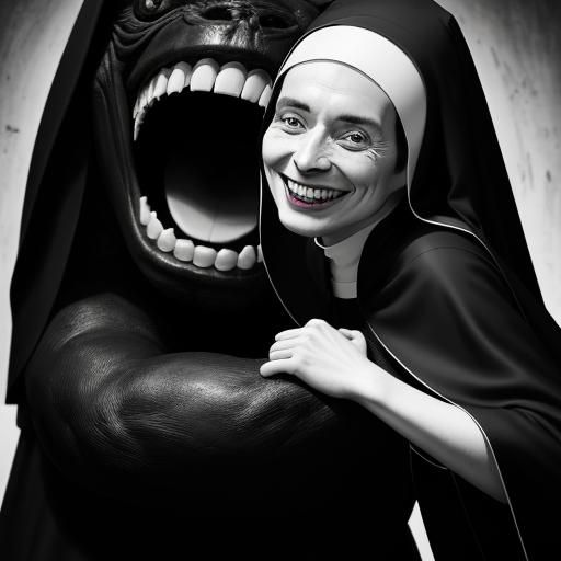 Nun Hugs Monster: A Haunting Black and White Photo