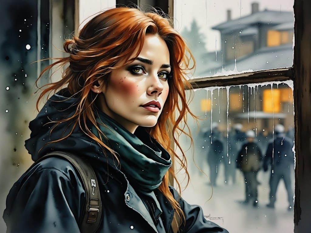 Ethereal Woman Contemplating Rainy Days in Moody Watercolor