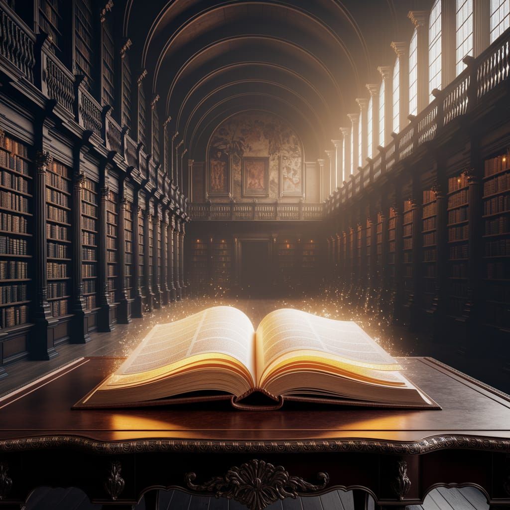 Glowing Codex in Ancient Library