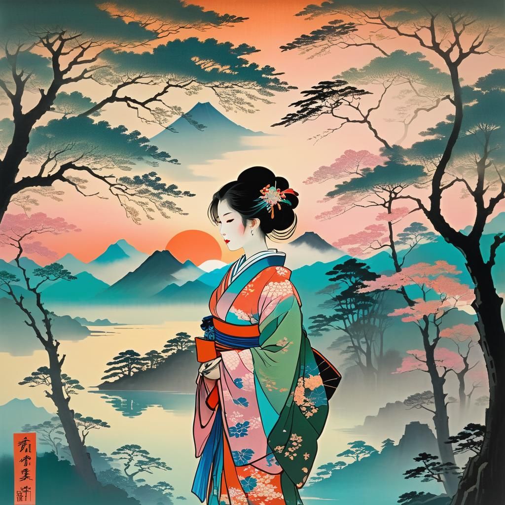 Kimono Girl in Misty Landscape: Ukiyo-e Style