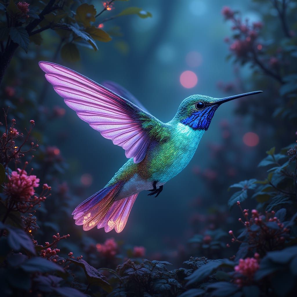 Bioluminescent Hummingbird in a Lush Alien Jungle