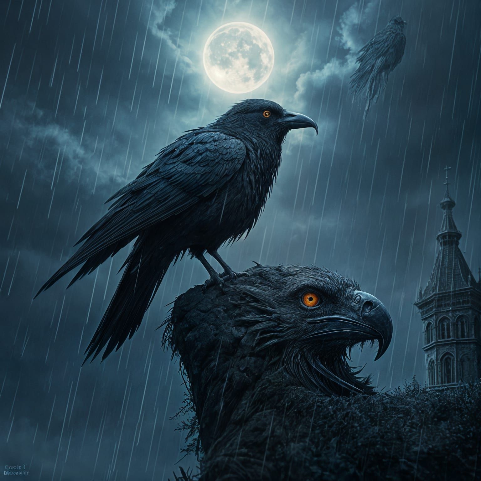 Mysterious Raven Perched on a Weathered Gargoyle in a Dark F...