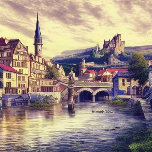 Hyperrealistic 19th Century Town with Castle and River