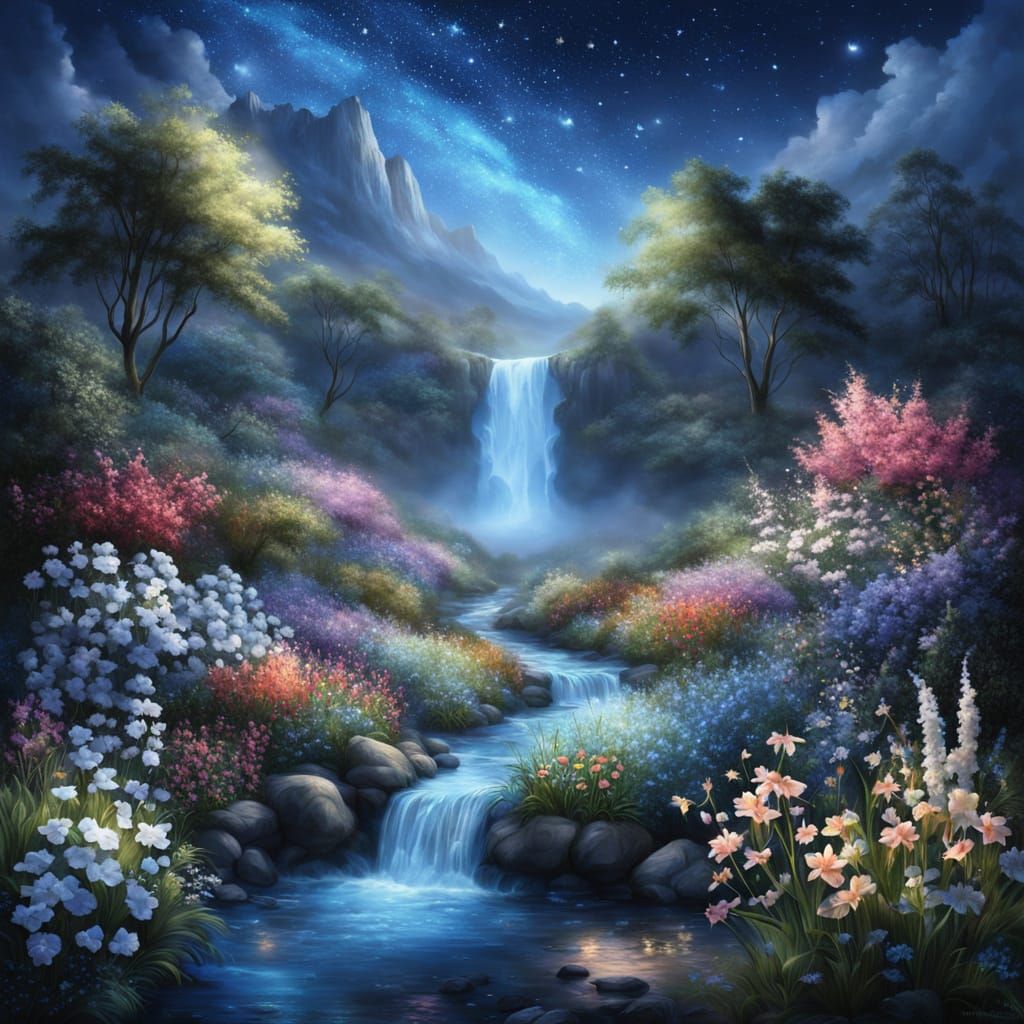Paradise Valley Garden at Night with Waterfall and Stars