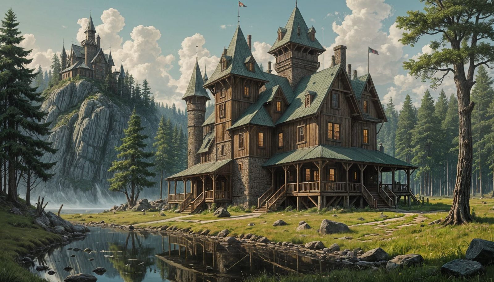 Rustic Lodge with Round Towers and Pine Woods