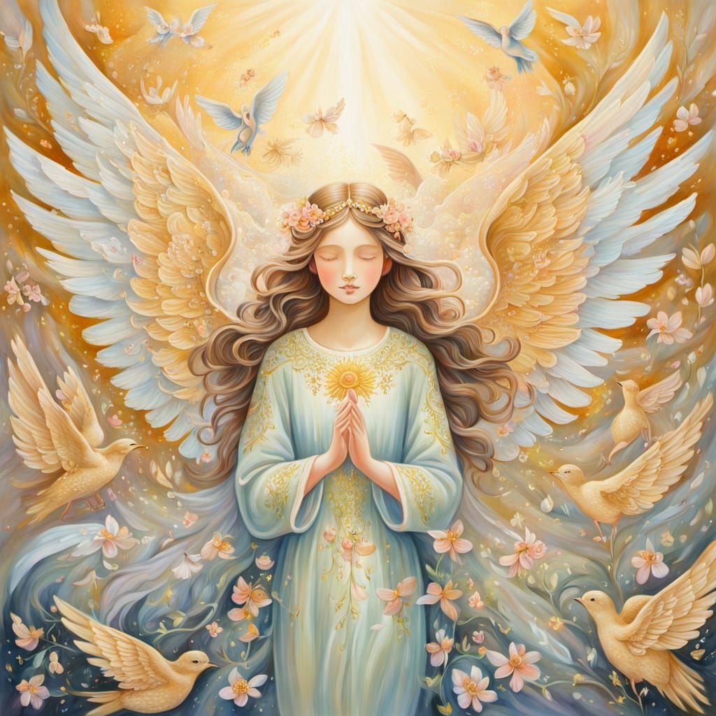 Serene Angels Guarding a Loved One: Gouache Painting