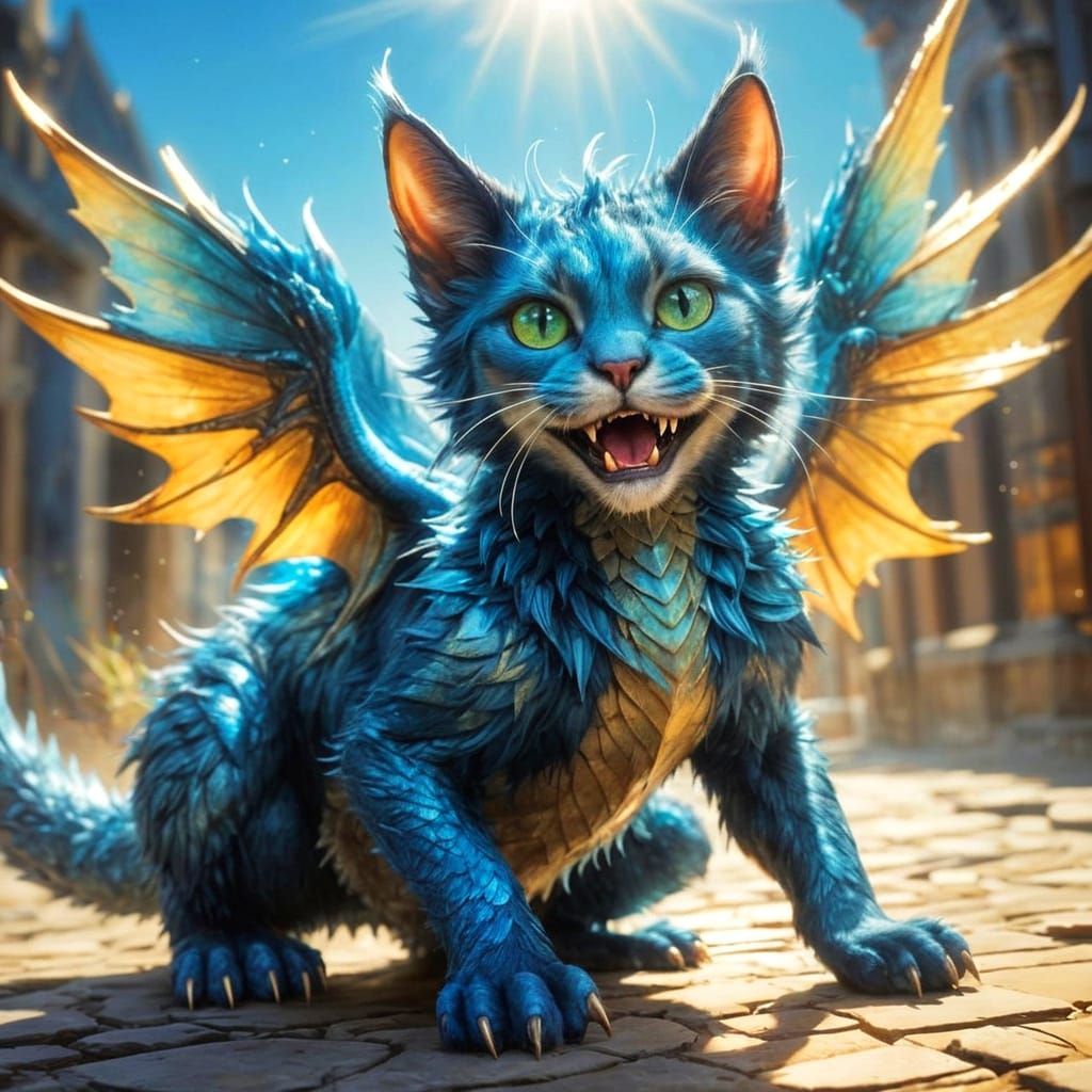 Eldritch Dragon Cat in Vibrant Hyperrealistic Splash Art