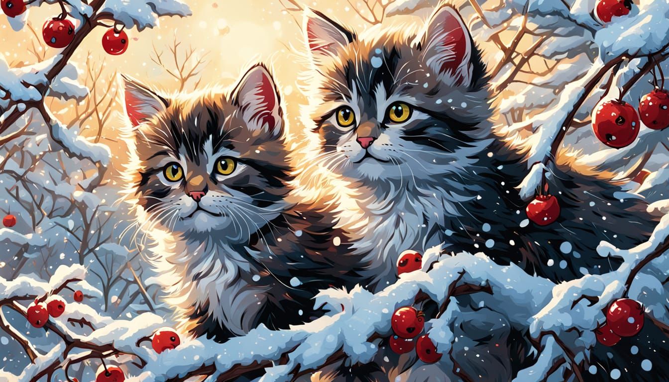 Kittens Play in Winter Garden: Comic Book Art