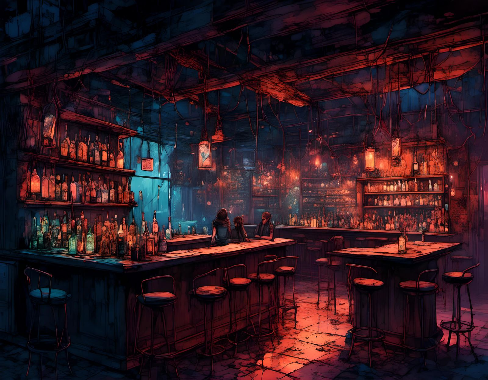 Cyberpunk Bar Scene with Neon Lights and Trash
