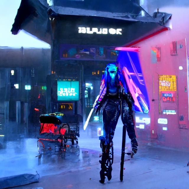 Blue Banshee in Cyberpunk 2099 Neon Cityscape