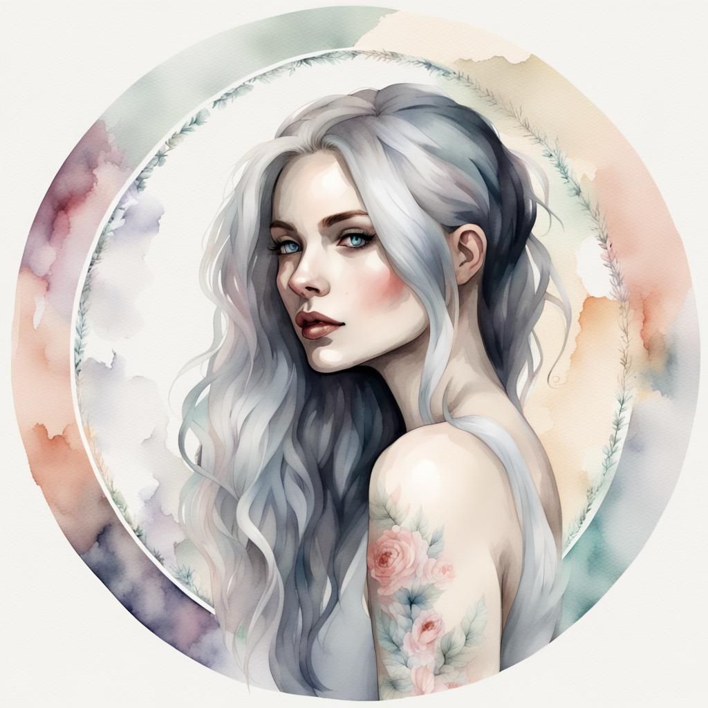 Watercolor Portrait of Pale Woman with Tattoos