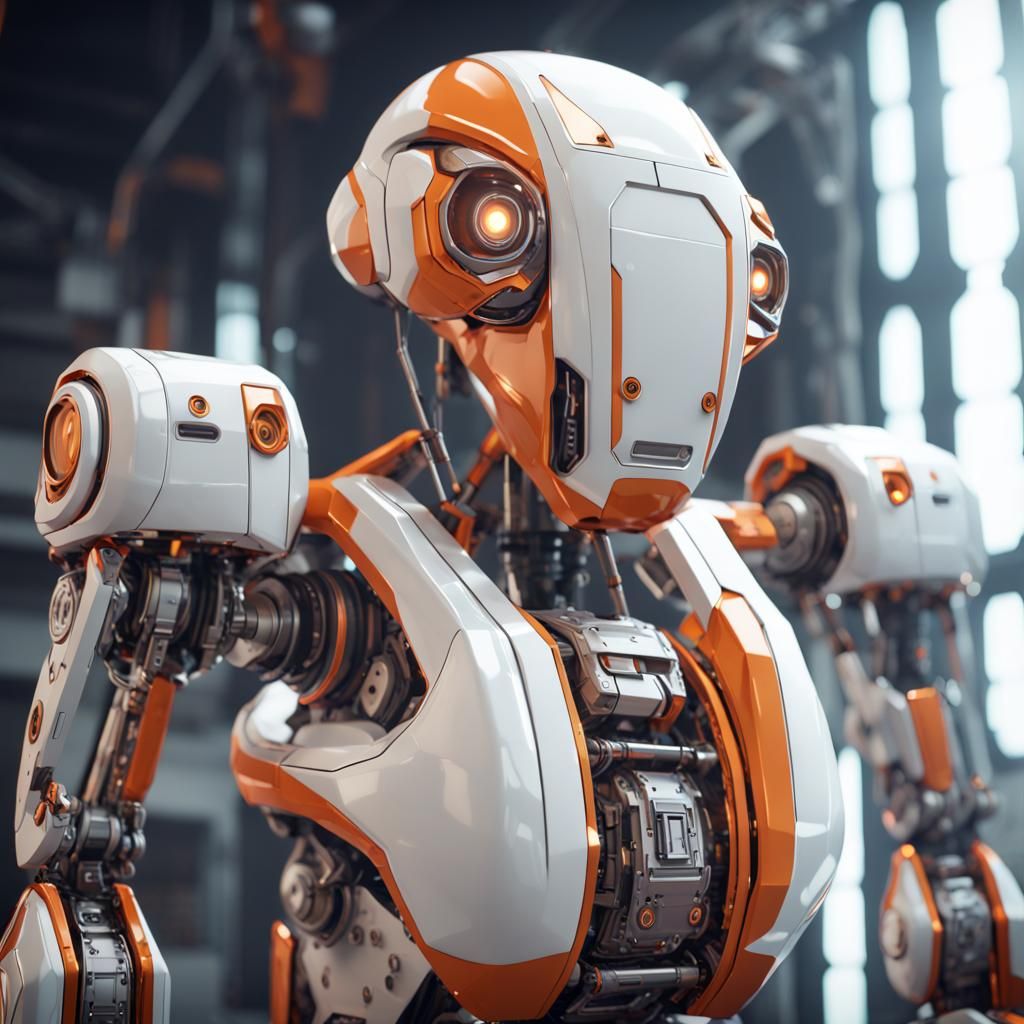 Sad White and Orange Robot in Pixar Style