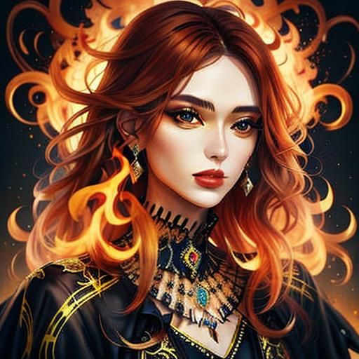 Fiery Portrait of Woman in Futuristic Jewelry