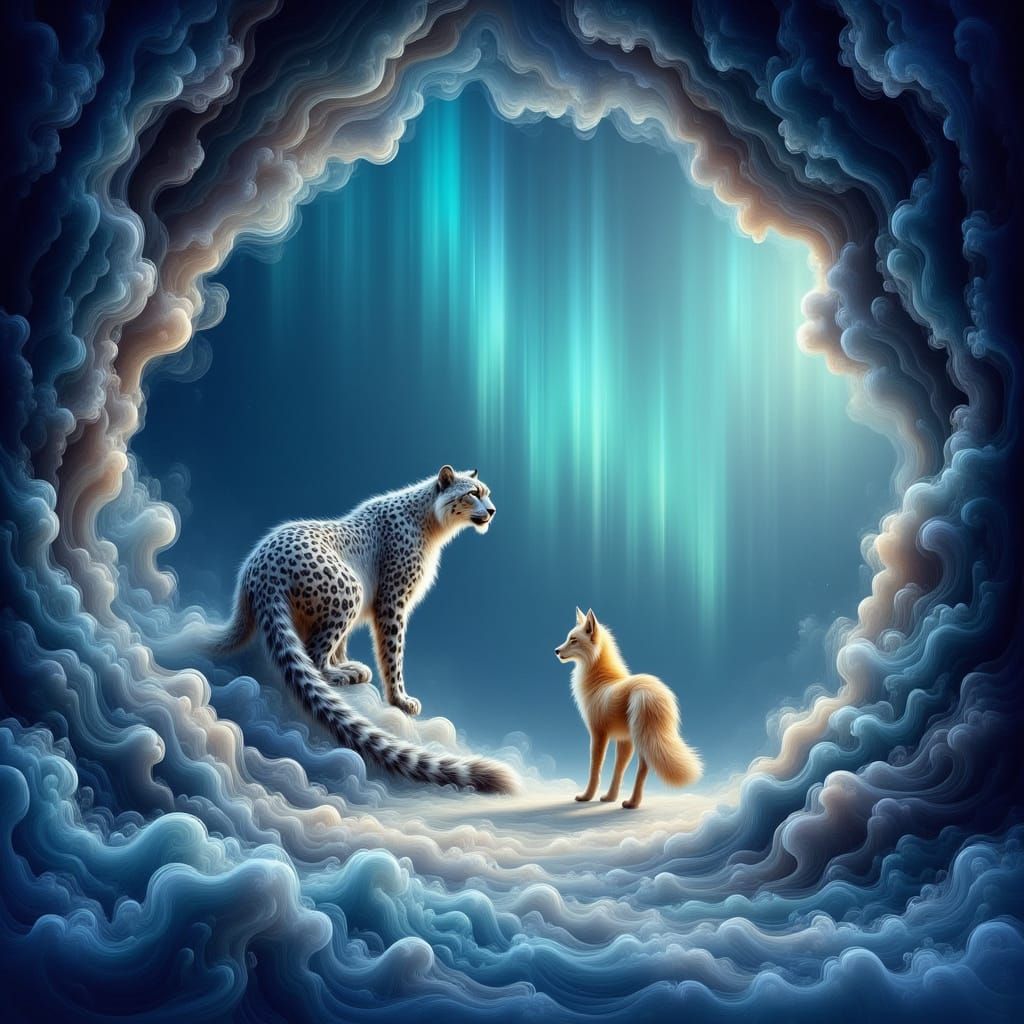 Snow Leopard and Arctic Fox in Aurora Glow