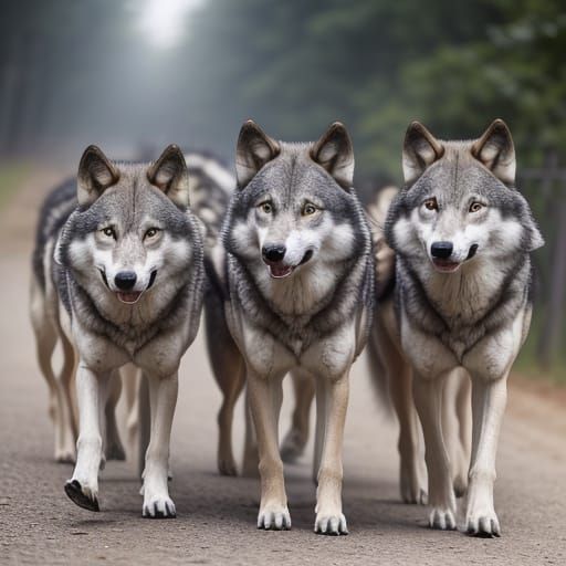 Pack of 12 Wolves With Red Eyes Walking Towards You