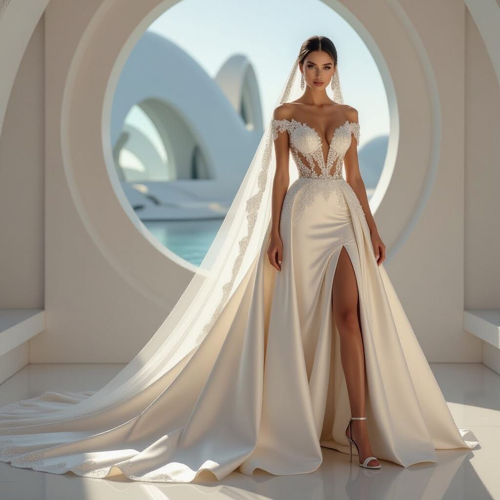 Futuristic Bride in Cream Satin Gown, Digital Art