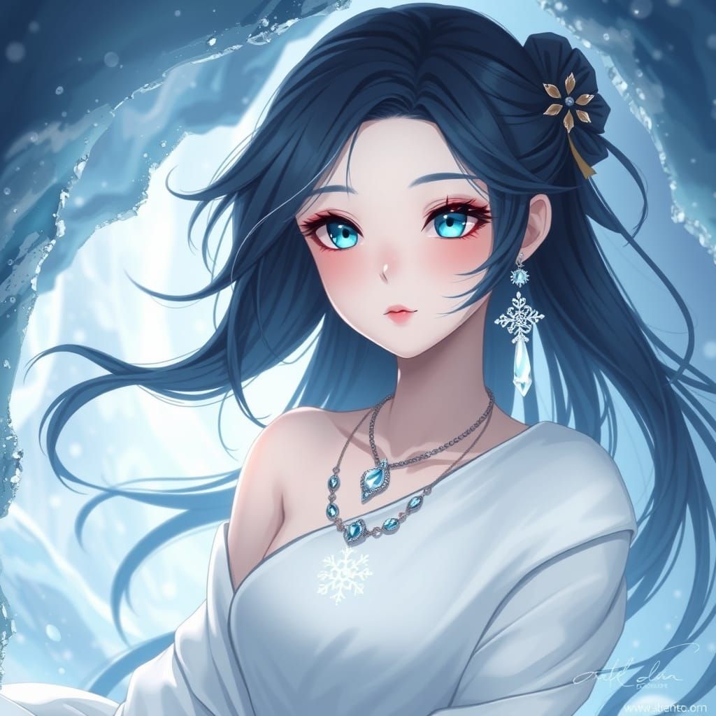 Ethereal Chinese Anime Girl in Icy Cave