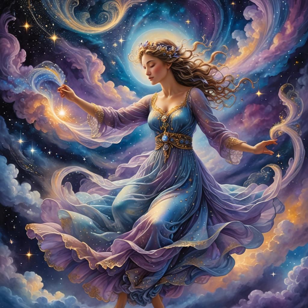Ethereal Figure Dancing Among Stars in Dreamlike Fantasy