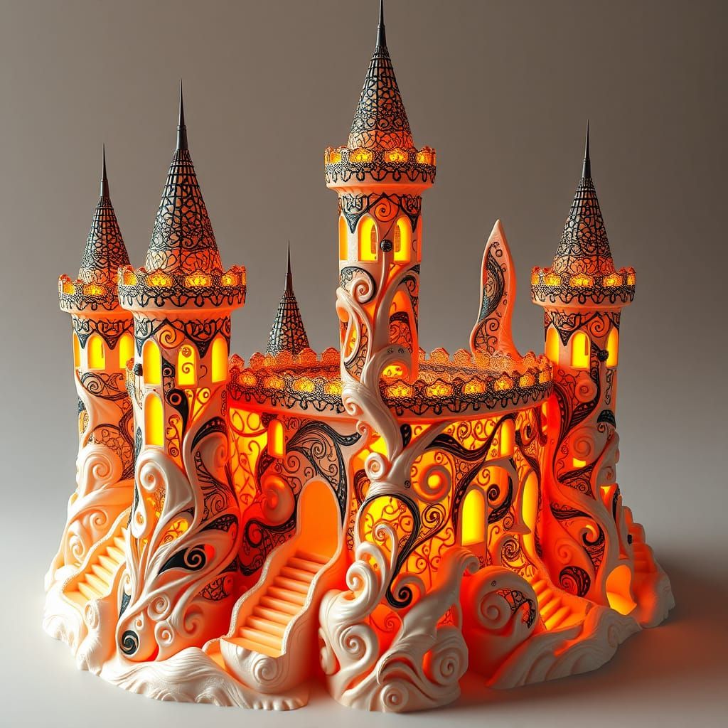 Majestic Coral Wax Castle Illuminated by Glowing Wicks