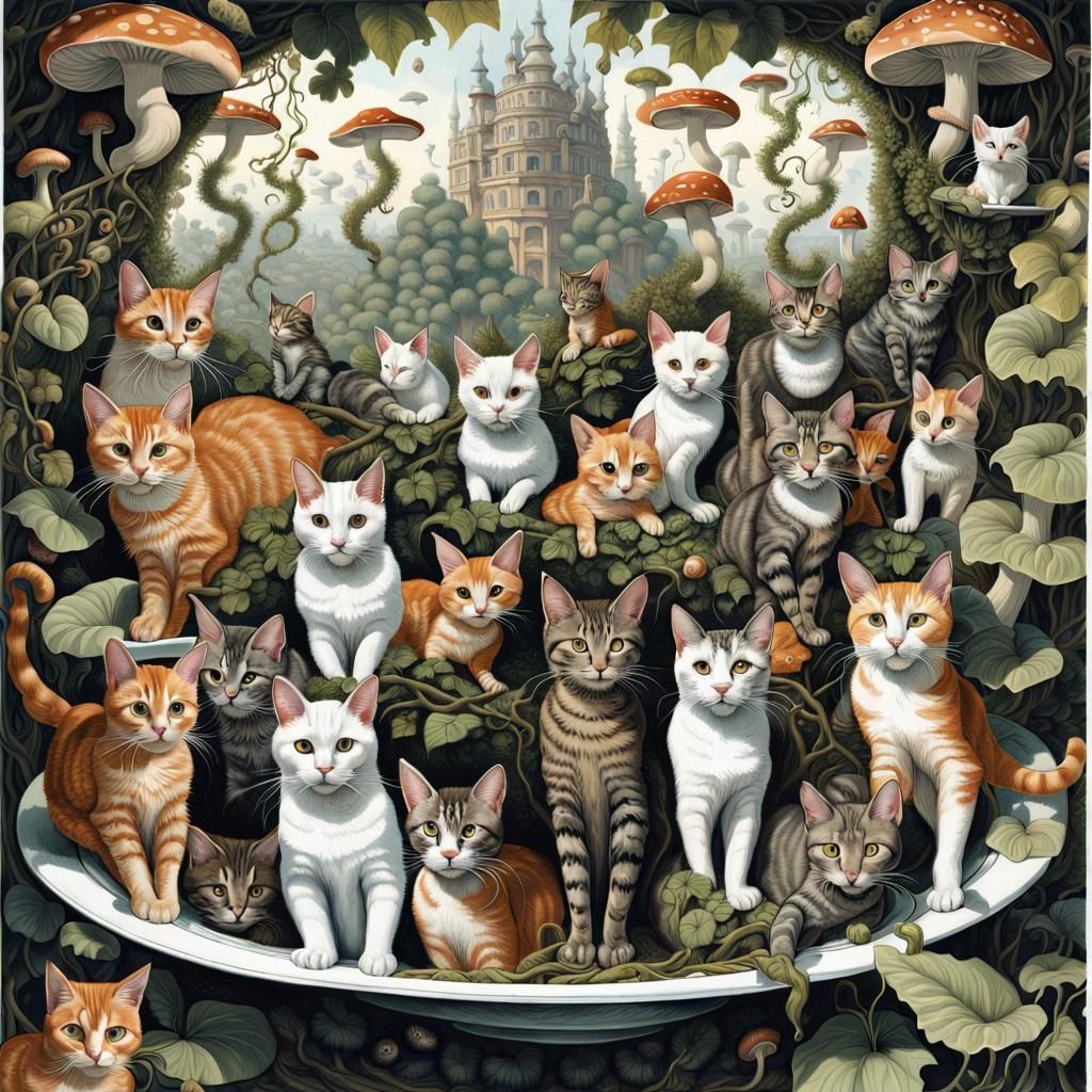 Maximalist Cats in Elaborate Forest Painting