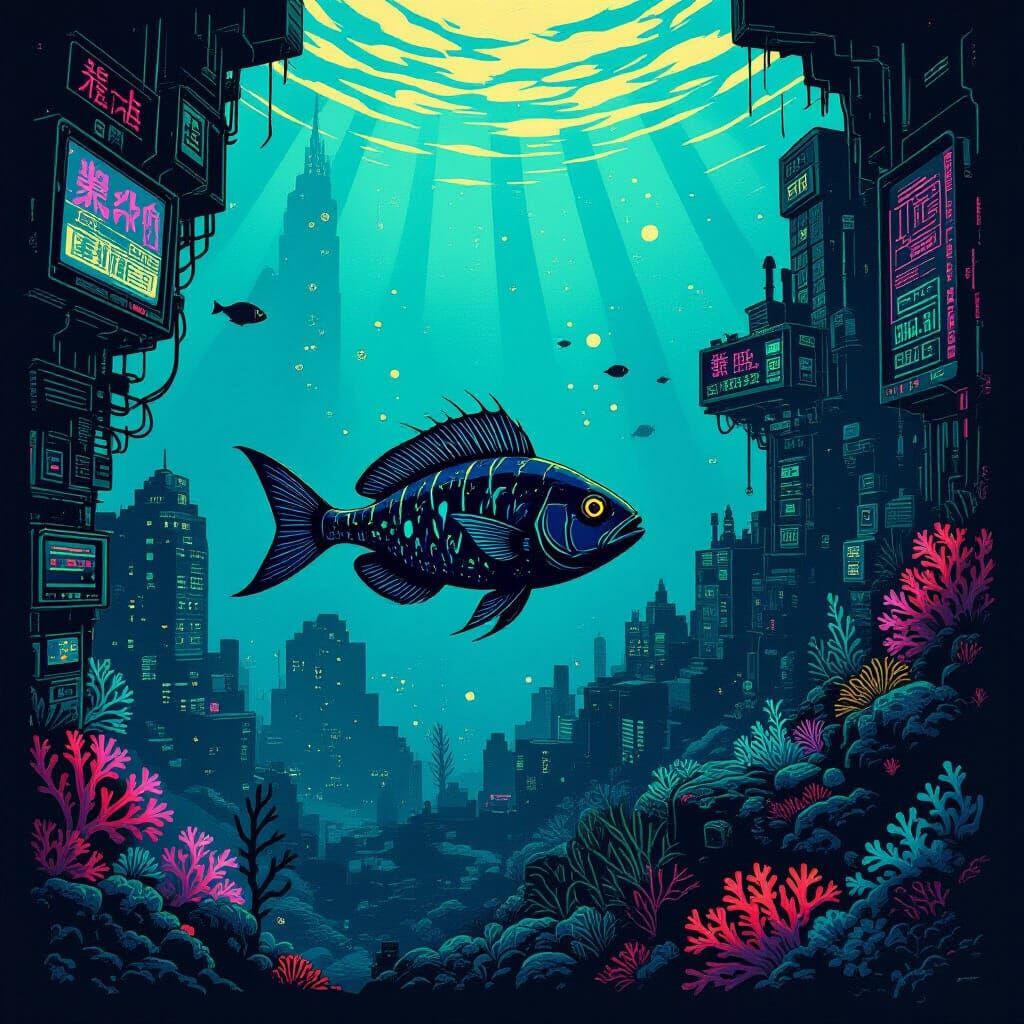 Deep Sea Fish in Sunken Cyberpunk City Lino Print