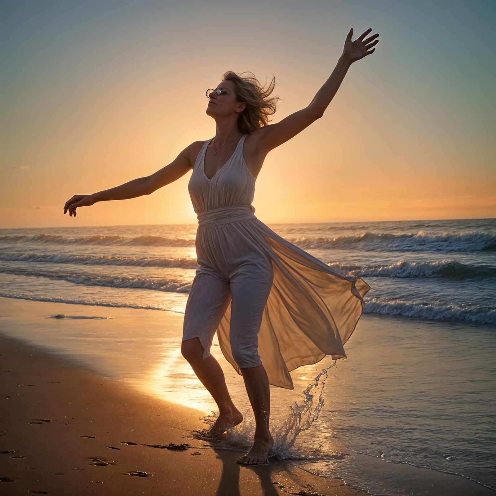 Woman Dancing on Beach During Eclipse