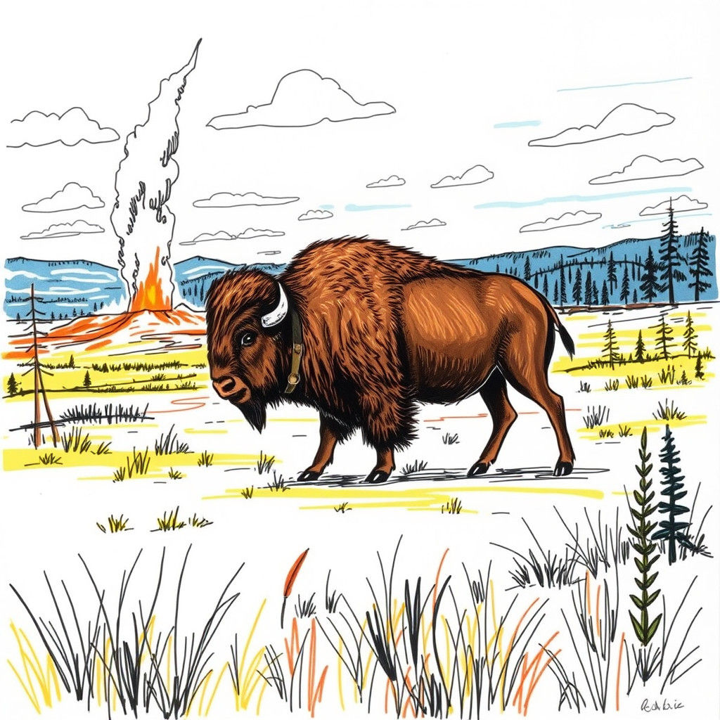 Yellowstone Park Landscape in Sketchy Doodle Style