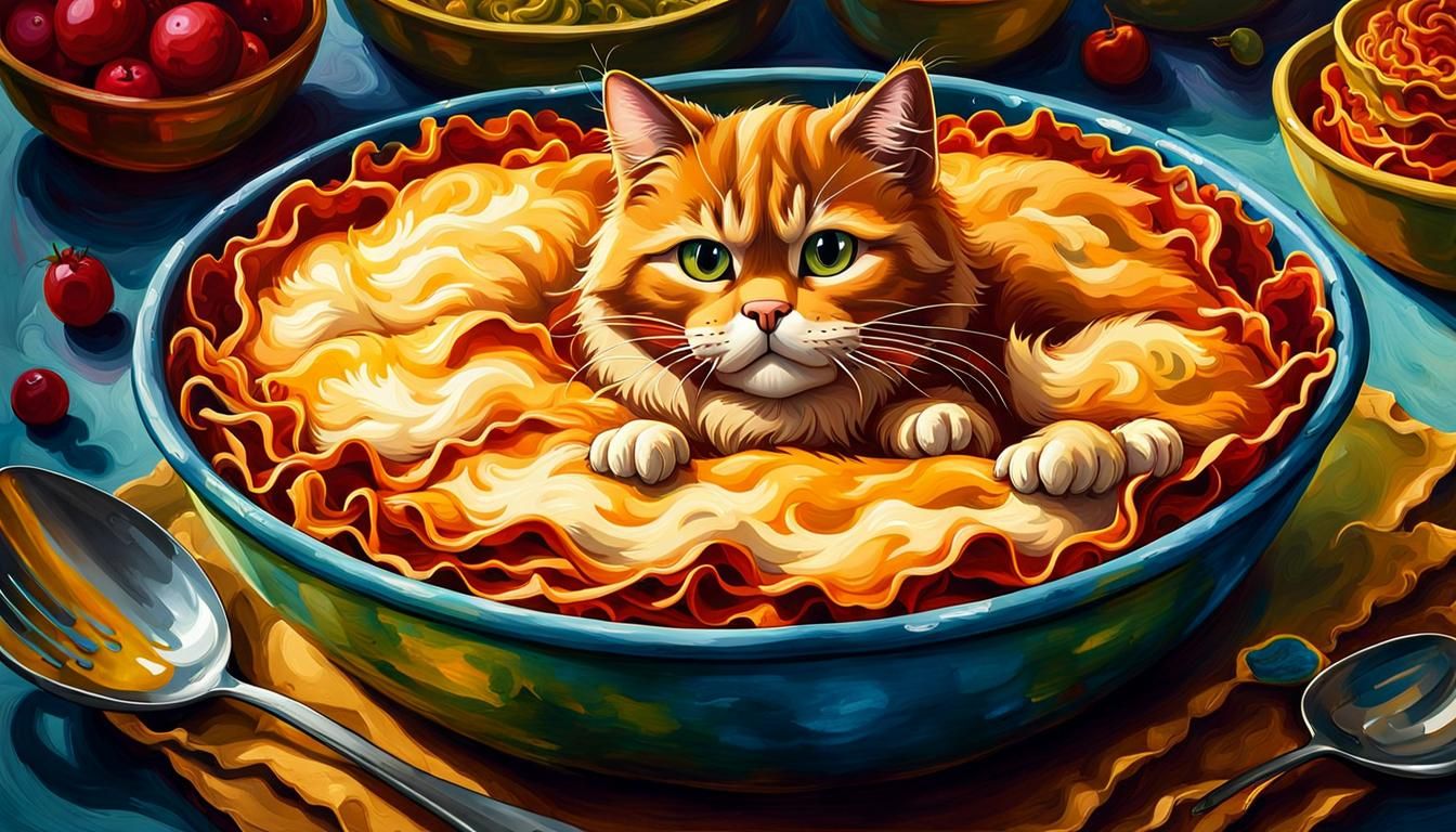 Garfield Cat's Lasagna Feast: Vibrant Digital Art