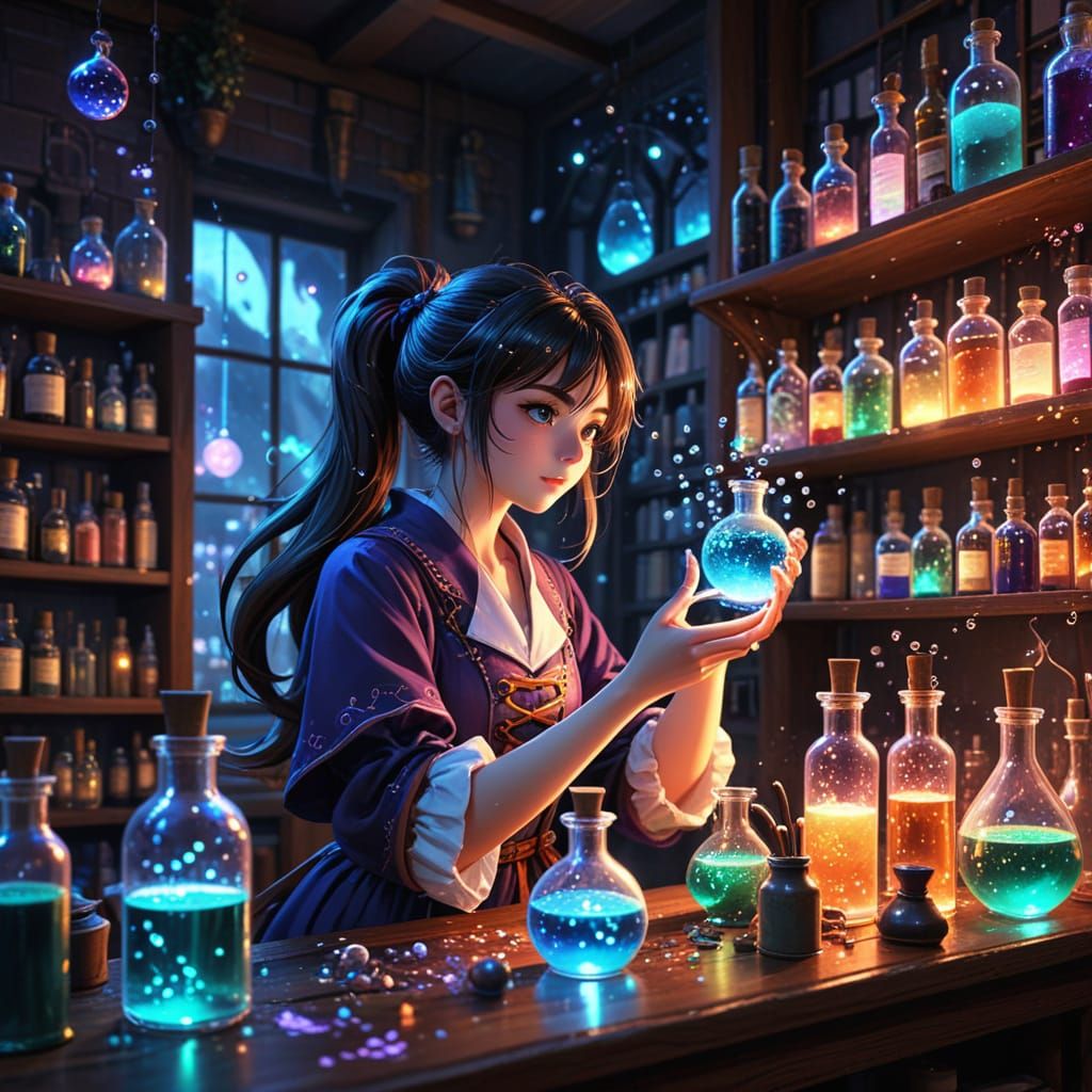 Anime Alchemist Girl Testing Magical Potions in Lab