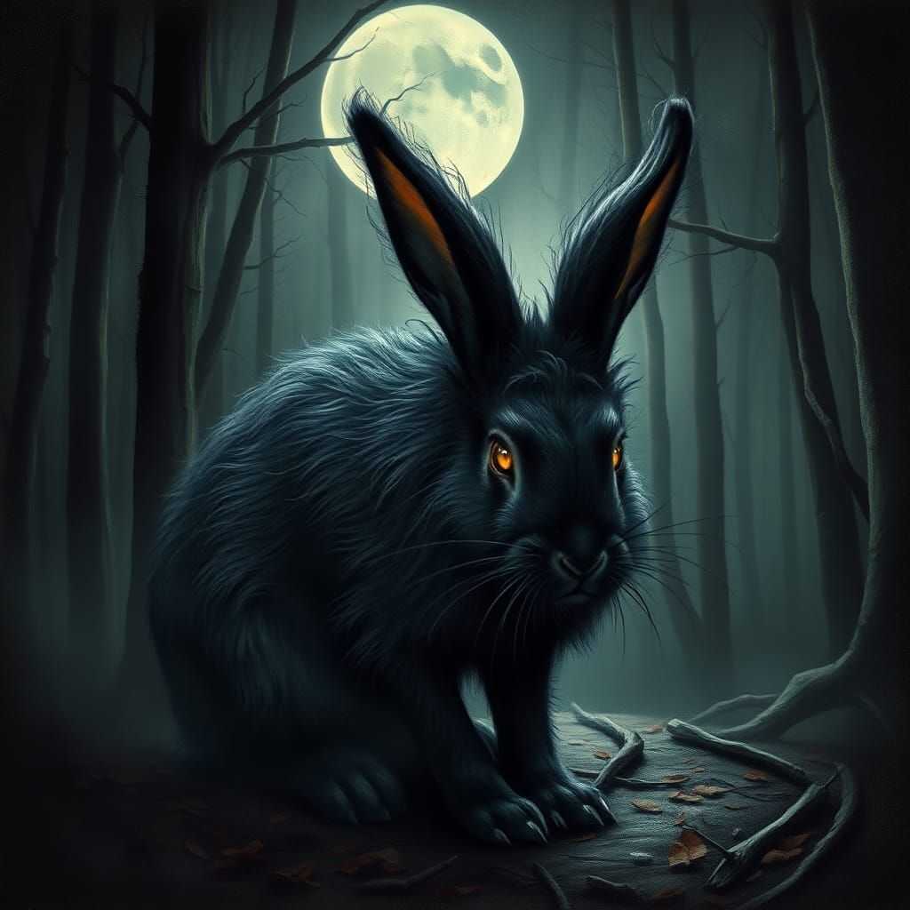 Otherworldly Rabbit in Moonlit Forest, as Dark Expressionism