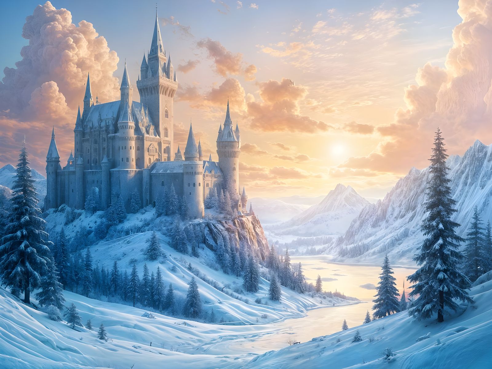 Surreal Ice Castle Illuminated by a Vibrant Sunset