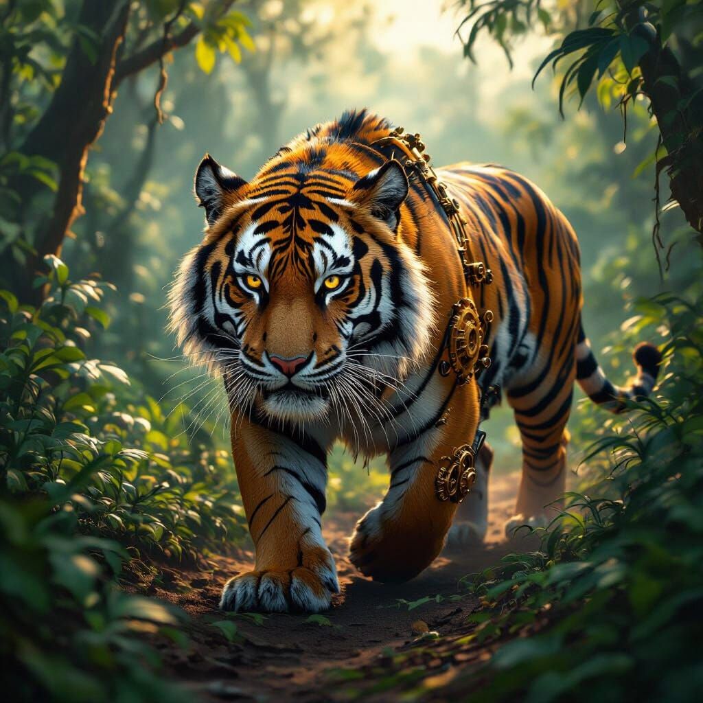 Steampunk Tiger Prowls Jungle in Matte Painting Style