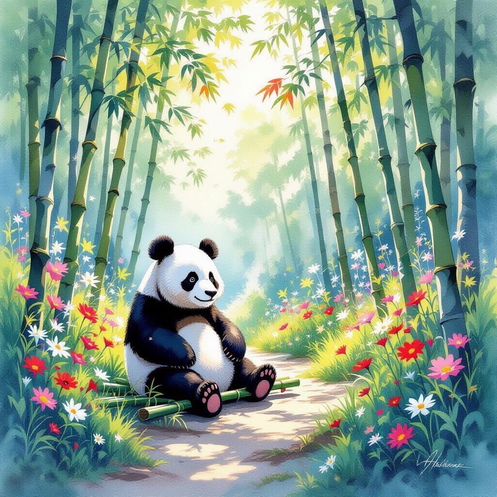 Adorable Panda on Sunlit Bamboo Path in Watercolour Style
