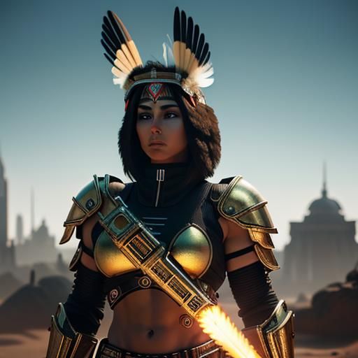 Aztec Warrior Woman with Flaming Sword in Cyberpunk Style