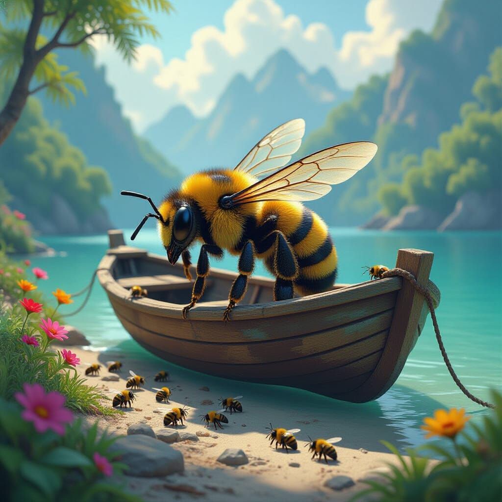 Giant Bee on Shoreline in Mystical Realism Style