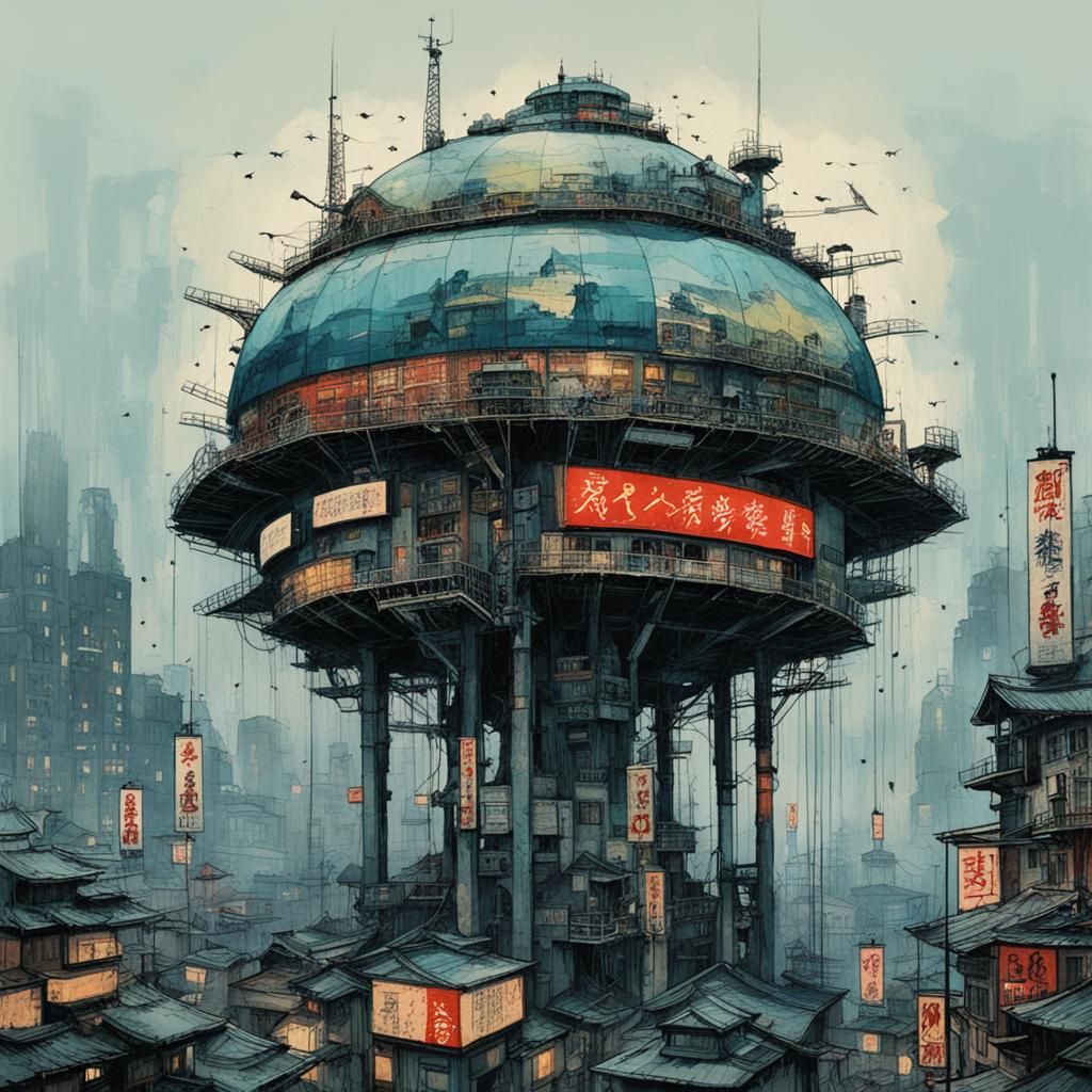 Dystopian Dome City in Ukiyo-e Style